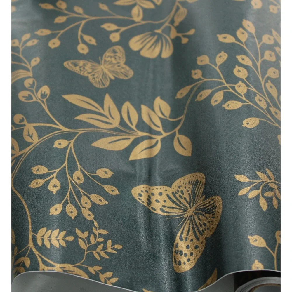 Green and Gold Butterfly Botanical Peel and Stick Wallpaper Roll 17.75in x 9.5ft